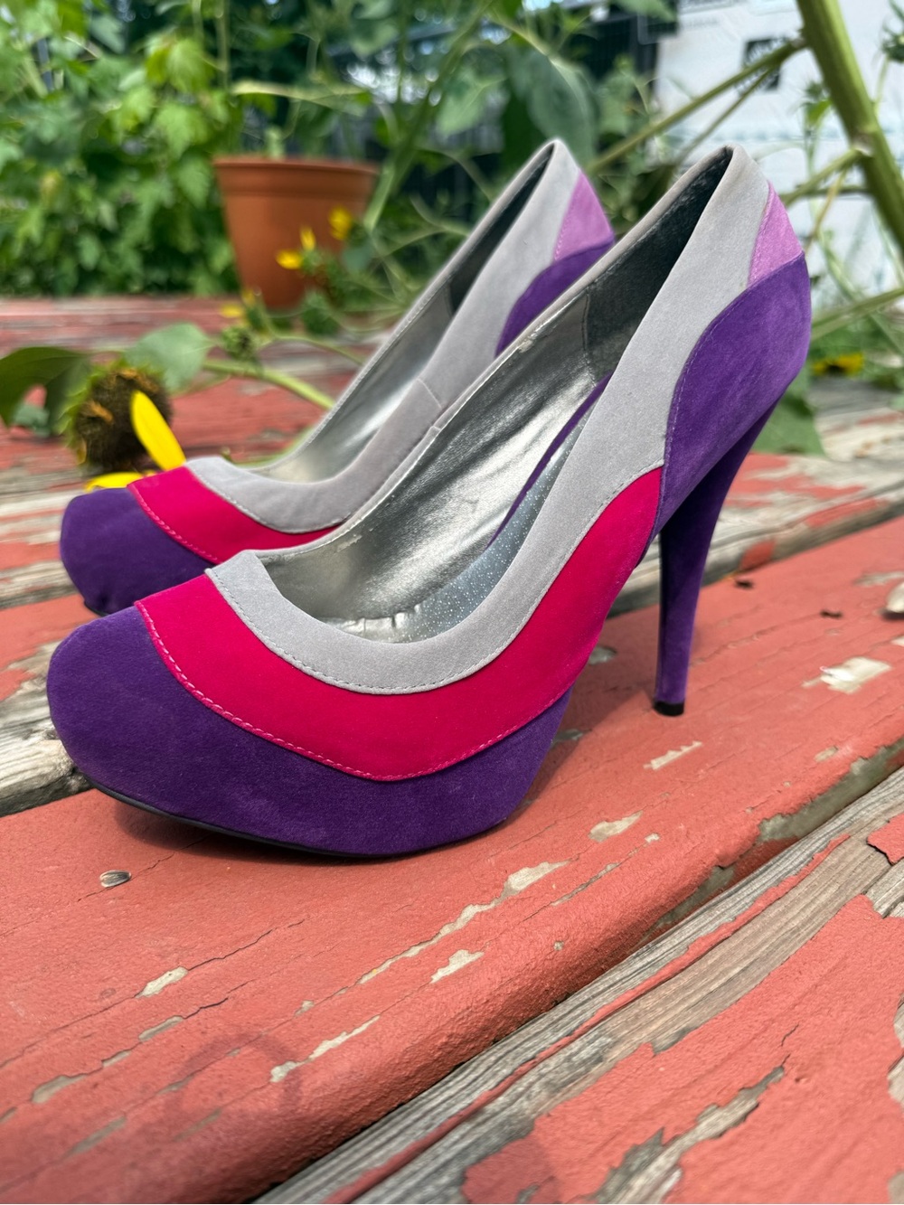 Colorblock Suede High Heels in Purple, Pink & Light Gray